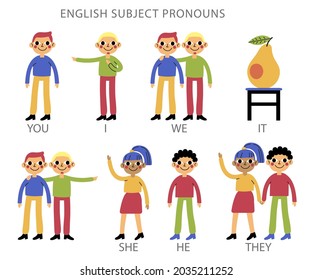 English subject pronouns. Preschool, kindergarten, school elementary education. Language learning. Speech exercise. Pronoun lesson. English training. Study Homework. Vector illustration.