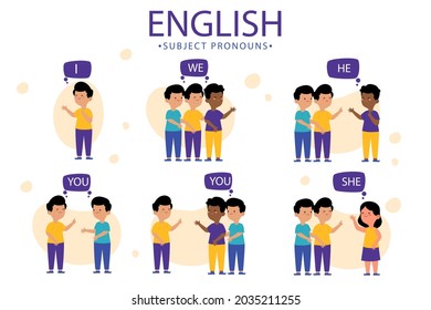 English subject pronouns. Preschool, kindergarten, school elementary education. Language learning. Speech exercise. Pronoun lesson. English training. Study Homework. Vector illustration.