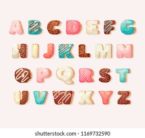 English sweet donut alphabet abc 
Children's Alphabet. Alphabetical set  in bakery doughnuts style. Greeting party vector font.