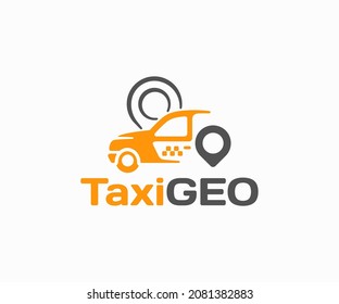 English taxi with location pin logo design. Taxi service, yellow cab and map marker vector design. Car sharing logotype