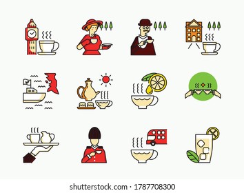 English Tea Icon Set With Madame Drink Tea,officer,double Fllors Bus,boat Shipping,service And Clock Tower And Ice Tea.