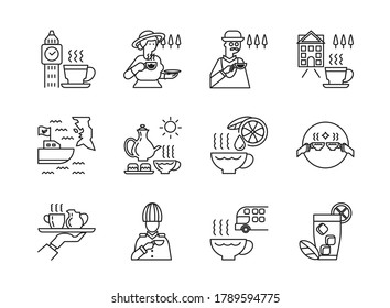 English Tea Icon Set With Madame Drink Tea,officer,double Fllors Bus,boat Shipping,service And Clock Tower And Ice Tea.