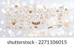 English tea party doodles with sweets and vintage tea set on white glowing background. Vector sketch illustration