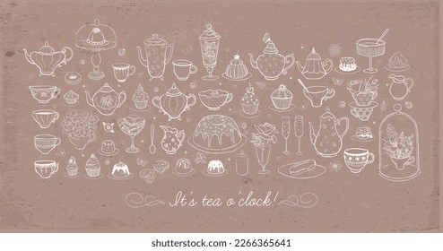 English tea party doodles with sweets and vintage tea set on brown parcel paper background. Vector sketch illustration