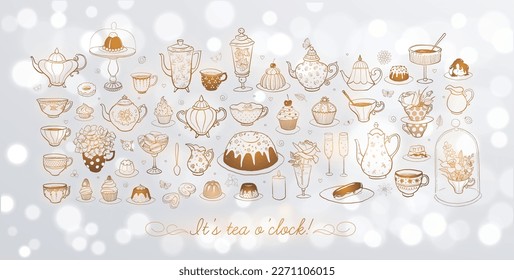 English tea party doodles with sweets and vintage tea set on white glowing background. Vector sketch illustration