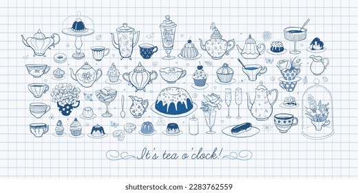 English tea party doodles with sweets and vintage tea set on lined paper background. Vector blue pen sketch illustration.