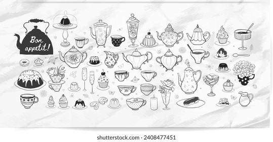 Doodles ingleses de fiesta de té con dulces y té añejo sobre fondo de papel. Ilustración de esbozo de vector