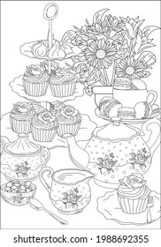 English Tea Party Set with cakes and flowers for Coloring book