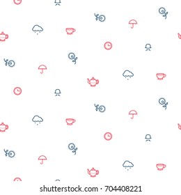 English tea party simple red and blue traditional line icons vector pattern. Teapot, cup, umbrella and clouds seamless background.