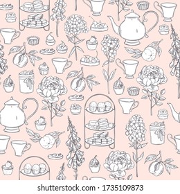 English Tea . Teapot, Cups, Cakes And Garden Flowers. Vector Seamless Pattern