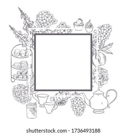 English tea vector frame. Teapot, cups, cakes and garden flowers. Sketch  illustration.
