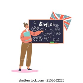 English teacher at blackboard explaining language lesson. School pedagogue woman at chalkboard. Education, science and presentation on black chalk board concept. Cartoon flat vector illustration