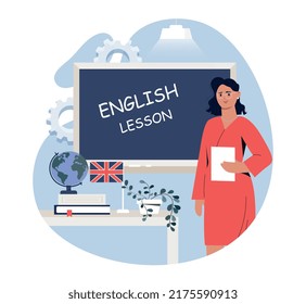 English teacher at blackboard. Girl conducts online lessons from classroom, teaching foreign languages. Self development, education and learning. School or university. Cartoon flat vector illustration