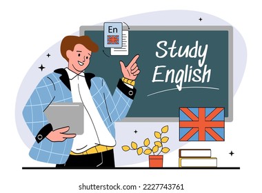 English teacher concept. Young guy stands in classroom at blackboard next to British flag. Education, learning and training. Foreign languages and communication. Cartoon flat vector illustration