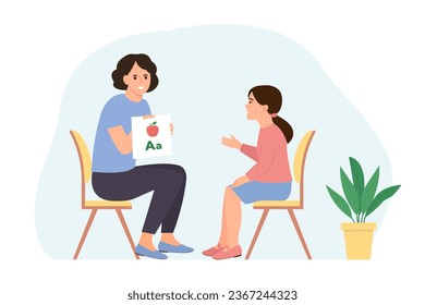 
English teacher showing alphabet cards to the girl. Woman explaining rules of english language to  child in accessible way.Studying foreign vocabulary and grammar. Flat vector illustration
