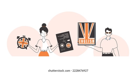 English teacher team The concept of learning a foreign language. Linear modern style.