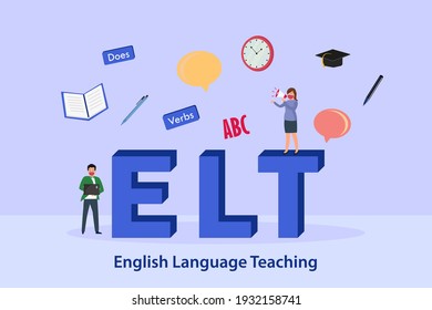 English teaching vector concept: Female teacher standing on the english language teaching word while speaking with megaphone 