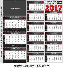 English Template Wall Quarterly Calendar 2017, Template Size For Printing 300x804 Mm, Vector