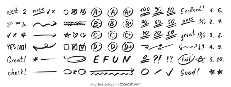 English test exam pen mark. School teacher test. A B C D Doodle outline hand drawn style. Vector illustration