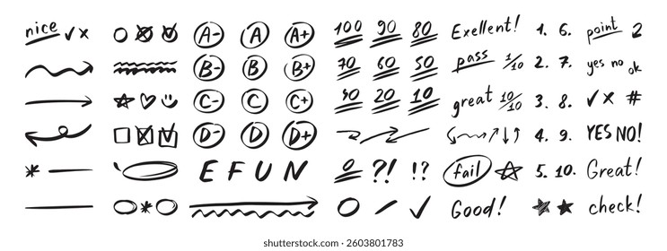 English test exam pen mark. School teacher test. A B C D Doodle outline hand drawn style. Vector illustration