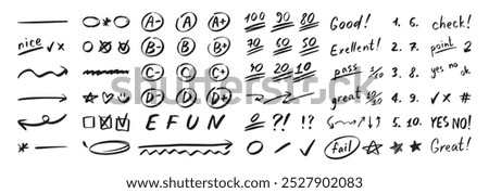 English test exam pen mark. School teacher test. A B C D Doodle outline hand drawn style. Vector illustration
