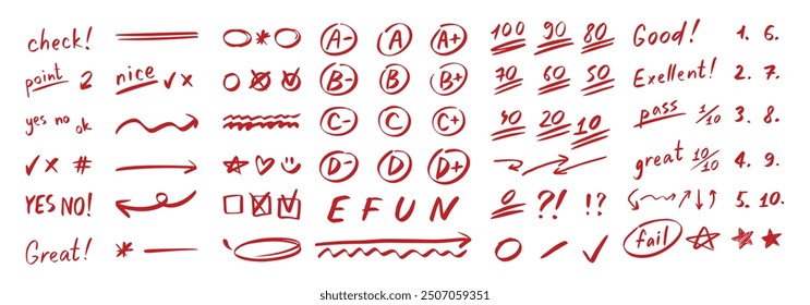 English test exam red pen mark. School teacher test. A B C D Doodle outline hand drawn style. Vector illustration