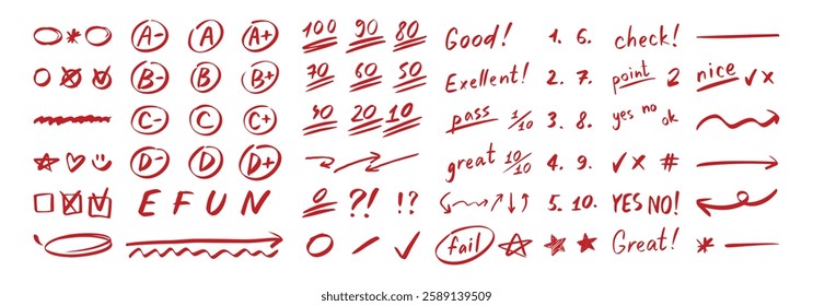 English test exam red pen mark. School teacher test. A B C D Doodle outline hand drawn style. Vector illustration