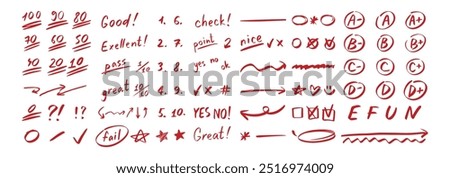 English test exam red pen mark. School teacher test. A B C D Doodle outline hand drawn style. Vector illustration