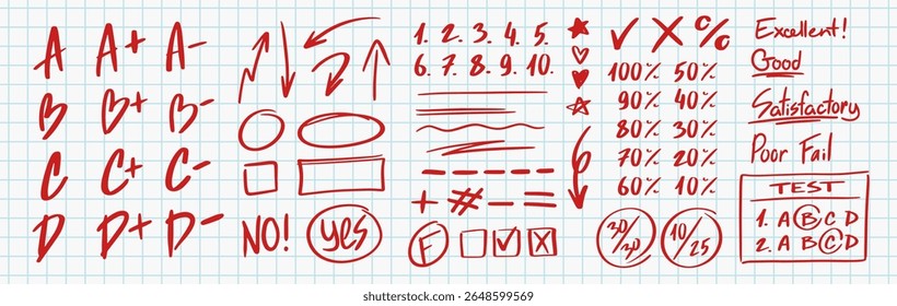 Inglês test red pen mark. Desenhar ícones de contorno com notas de exame americano com letras, marcas de verificação, cruzes e números. Coleção de ilustrações vetoriais desenhadas à mão isolada no plano de fundo