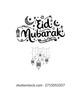 Texto inglés Tipografía Arte de Eid Mubarak, elegante estrella de Eid Mubarak Arte de diseño sobre un fondo blanco. 