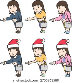 English Title: Character Set of a Young Woman Handing Out Pocket Tissues in Suit, T-shirt, and Down Jacket, with Santa Hat Versions (6 Illustrations)