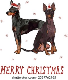 English toy terrier drawn illustration. Cute dog character in a side-view and sitting poses. Holiday Design for printing, adorable and cute Christmas dog cartoon vector greeting card. Adorable puppy.