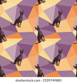 English toy terrier on a mosaic geometric background. Funky, colorful vibe, pastel colors palette. Simple, clean, modern texture. Geometric, polygon style. Summer seamless geometric pattern with dogs.