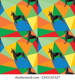 English toy terrier on a mosaic geometric background. Funky, colorful vibe, vibrant colors palette. Simple, clean, modern texture. Geometric, polygon style. Summer seamless geometric pattern with dogs