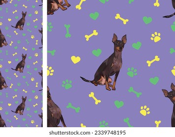 English toy terrier on a playful violet background with bones, hearts, paws. Funky, colorful vibe, vibrant palette. Simple, clean, modern texture. Summer seamless pattern with pets and dogs attributes