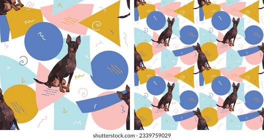 English toy terrier summer pastel wallpaper. Holiday abstract circles, squares, spirals, confetti. Seamless geometric background, repeatable pattern. Birthday wallpaper, Christmas present, print tiles