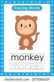 English tracing word worksheets with animal Monkey