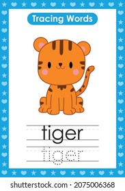 English tracing word worksheets with animal Tiger