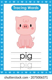 English tracing word worksheets with animal Pig