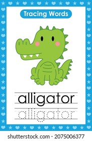 English tracing word worksheets with animal Alligator