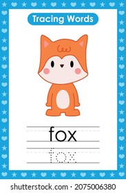 English tracing word worksheets with animal Fox