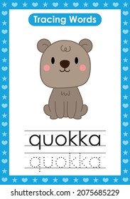 English tracing word worksheets with animal Quokka