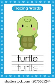English tracing word worksheets with animal Turtle
