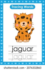 English tracing word worksheets with animal Jaguar
