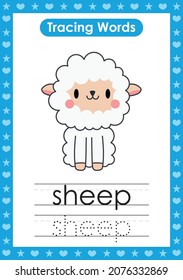 English tracing word worksheets with animal Sheep