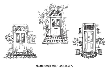 English traditional entrance doors with flower pots and lanterns, vector sketch