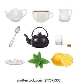 English traditional tea time porcelain cup pot icons set with mint flavor teabag realistic isolated vector illustration