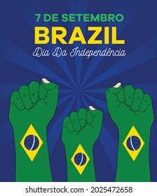 English transation:7 Setember.Brazil independence day.Close fisted hands isolated on blue stripped background.