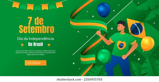 English translation: happy man isolated on background with brazil flags. concept for brazil independence day 