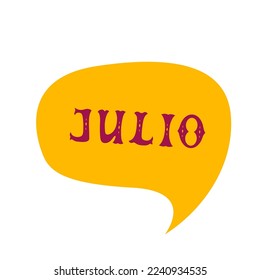 English translation July. Comics speech bubble with Spanish word Julio made of letters in mexican style. Label, text, quote, exclamation. Flat vector illustration 